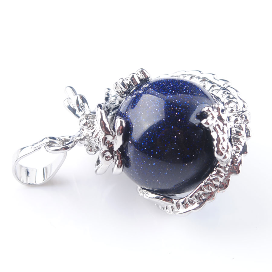 WOJIAER Dragon Stainless Pendant Gothic Handmade Men Jewelry Round Natural Blue Sand Gemstone Ball N3138