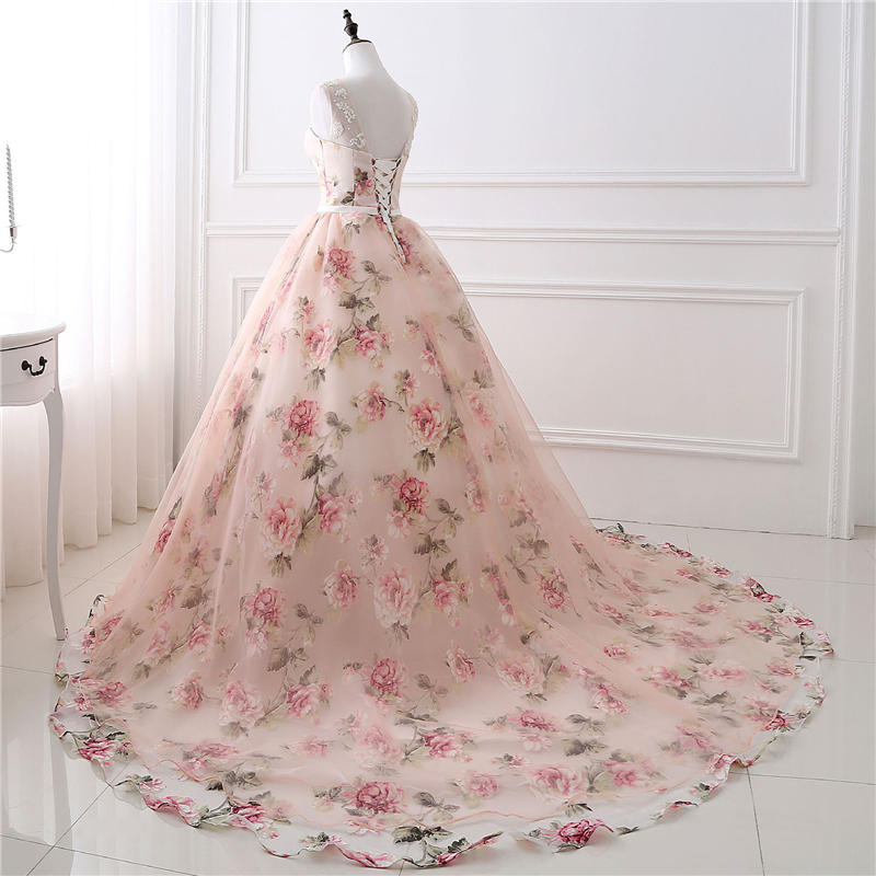 Scoop Prom Dresses Flower Print Satin Ball Gown Formal Evening Party Wear Beaded Gown QC1308