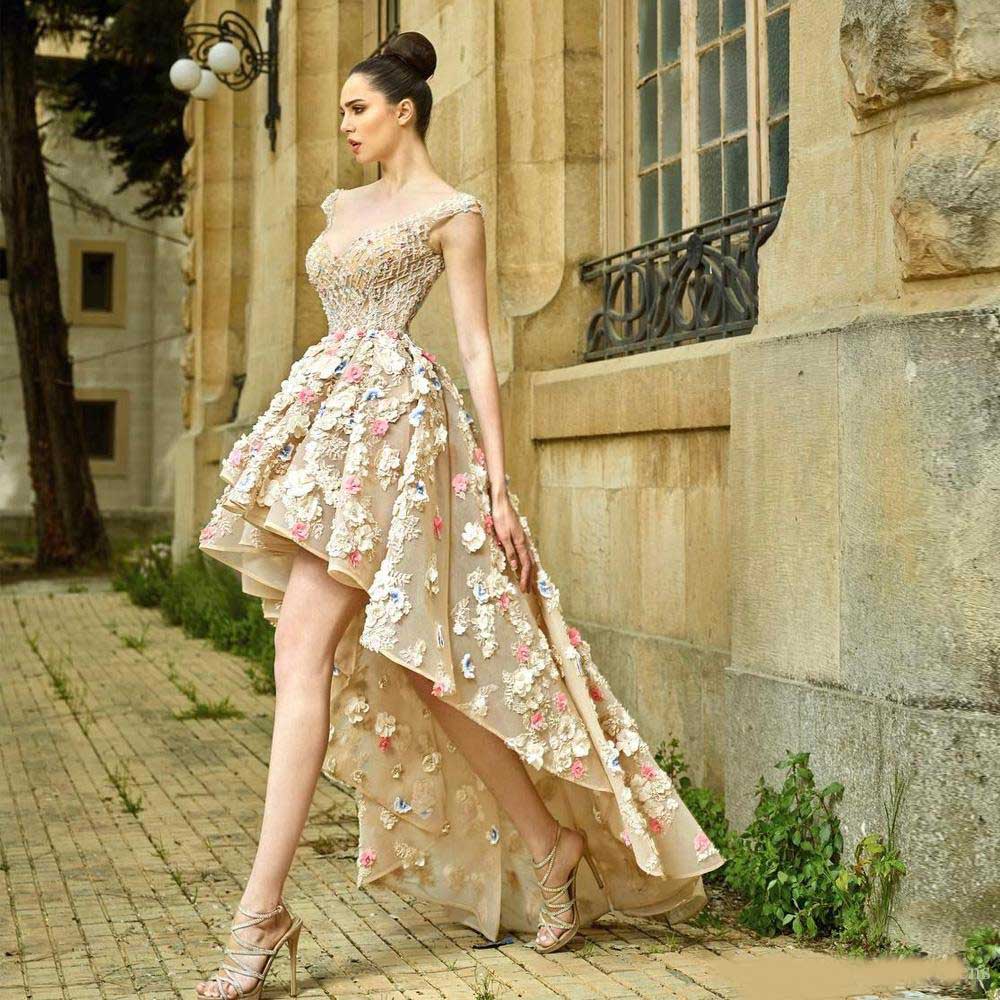 Gorgeous High Low Sheer Back Prom Dresses 3D Flower with Crystal Beads Evening Party Gown Illusion Organza Women's Special Occasion Dress