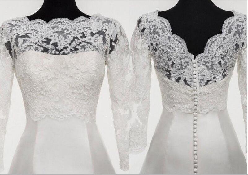 New White Ivory Appliques Wedding Jackets Shrugs Wraps Lace Bridal Boleros V-Back Buttons 3/4 Sleeve Custom Made Jacket