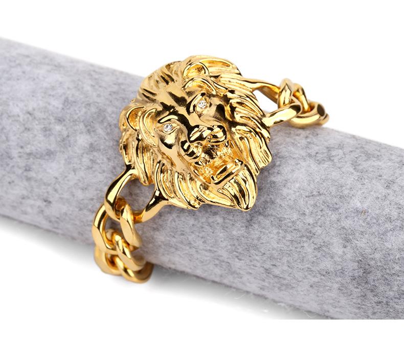 Wholesale-Gold Bracelet Men Hiphop Lion Head Bracelet Charms Stainless Steel Wrist Chains Punk Rock Bracelet 24cm