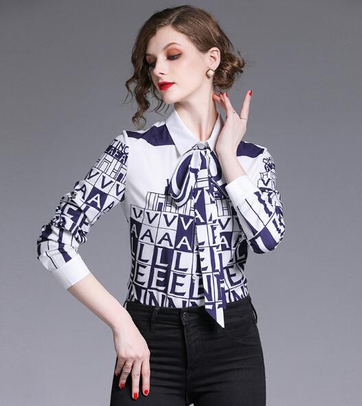 New Fashion Vintage Letter Print OL Women's Blouses Ladies Casual Office Button Front Bow Tie Neck Long Sleeve Shirts Tops