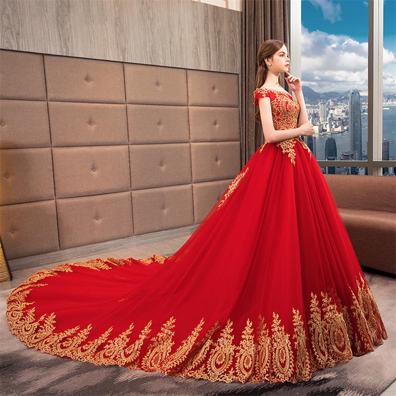 Vintage Red And Gold Lace A-line Wedding Dresses Off The Shoulder Lace-up Back Floor Length Long Train Princess Backless Bridal Gowns