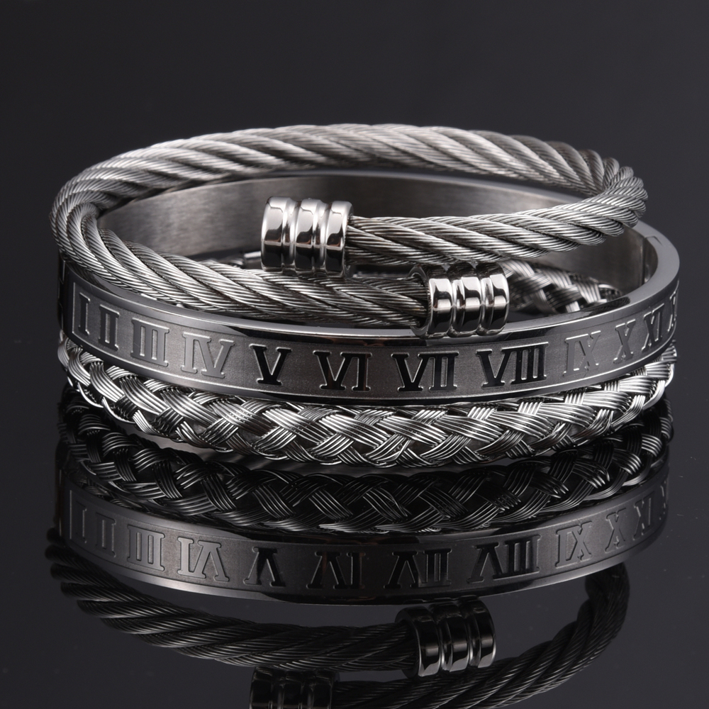 3pcs/Set Roman Numeral Men Bracelet Handmade Stainless Steel Hemp Rope Buckle Open Bangles Pulseira Bileklik Luxury Jewelry