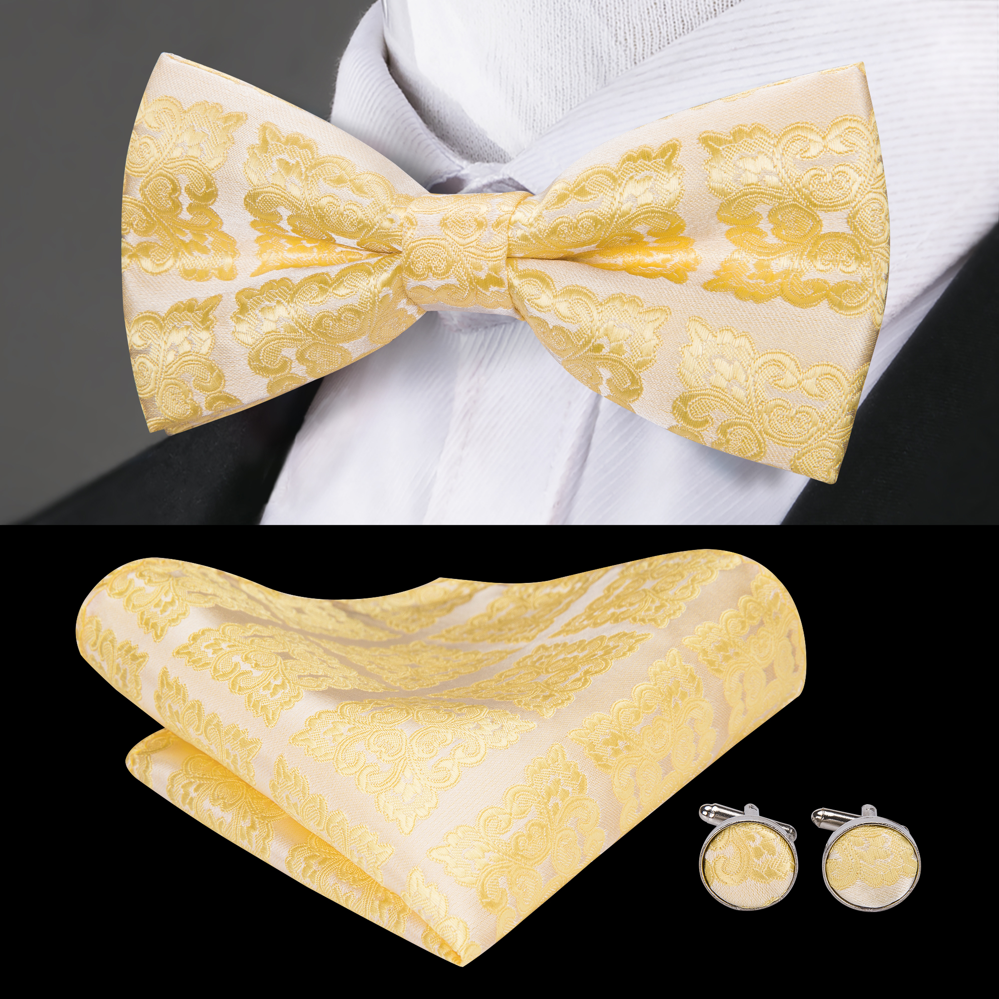 Hi-Tie Fashion Bowties Men Gold Floral Male Marriage Butterfly Wedding Bow ties With Handkerchief Cufflinks Freeing shipping LH-714, Black;gray
Hi-Tie Fashion Bowties Men Gold Floral Male Marriage Butterfly Wedding Bow ties With Handkerchief Cufflinks Freeing shipping LH-714, Black;gray