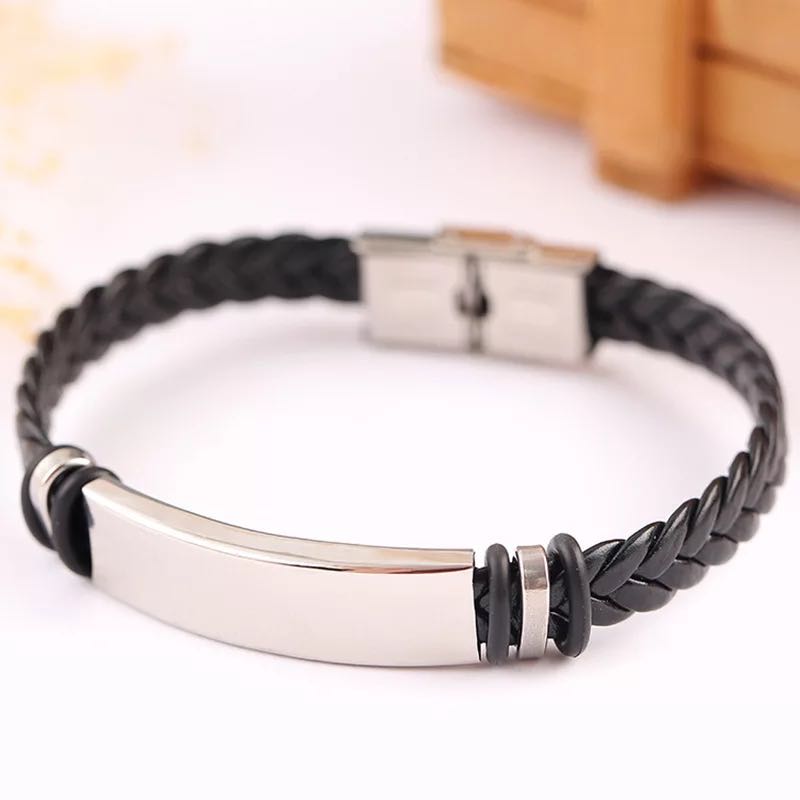 Export PU Leather Cuff Knitting Rope Bracelets Titanium Steel Bangle Stainless Men Black Punk Bracelet Hand Ornament