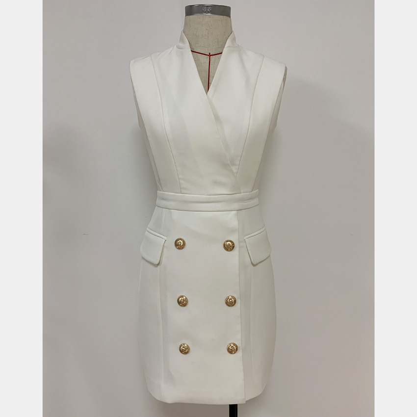 New Style Top Quality Original Design Women's Ladies Classic Working Dress Metal Buckles Double-Breasted Slim Seeveless Dress Evening Dress