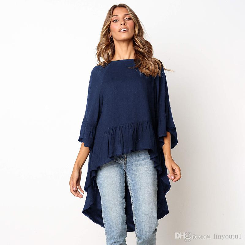 2020 Irregular T Shirt Solid Color Femme 2019 Long Back Short Front Tops Ripped T Shirts Kawaii Plus Size Fashion Seven-quarter sleeve tops