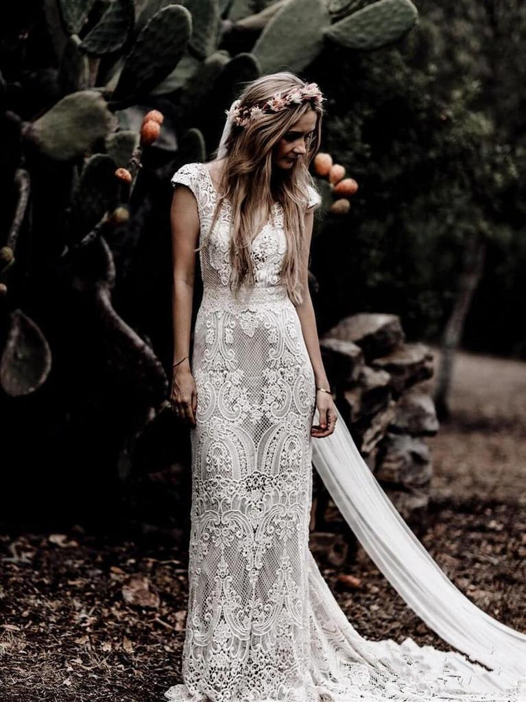 Vintage Mermaid Backless Bohemian Wedding Dresses V-neck Cap Sleeve Crochet Cotton Lace Countryside Woodland Bridal Gown