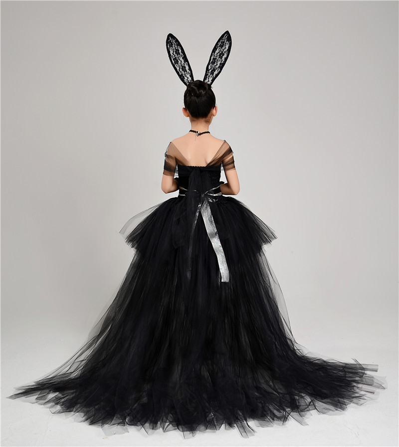 Black Off Shoulder Girls Pageant Dresses With Detachable Skirt Puffy Ball Gown Lace Sash Tulle Little Girl Party Dress Gloves Rabbit Ear