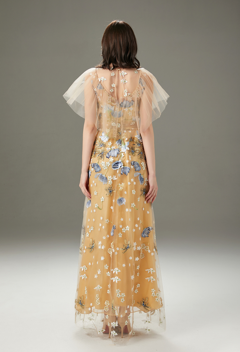 Women's Runway Dresses O Neck Embroidery Layered Ruffles Elegant Long Party Prom Dressess