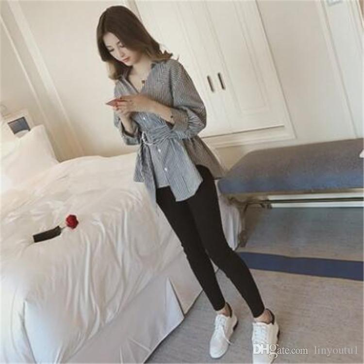 2020 New Fashion Irregular Patchwork Striped High Waist Shirt For Women Female's Long Sleeve Long Blouse With Belt
