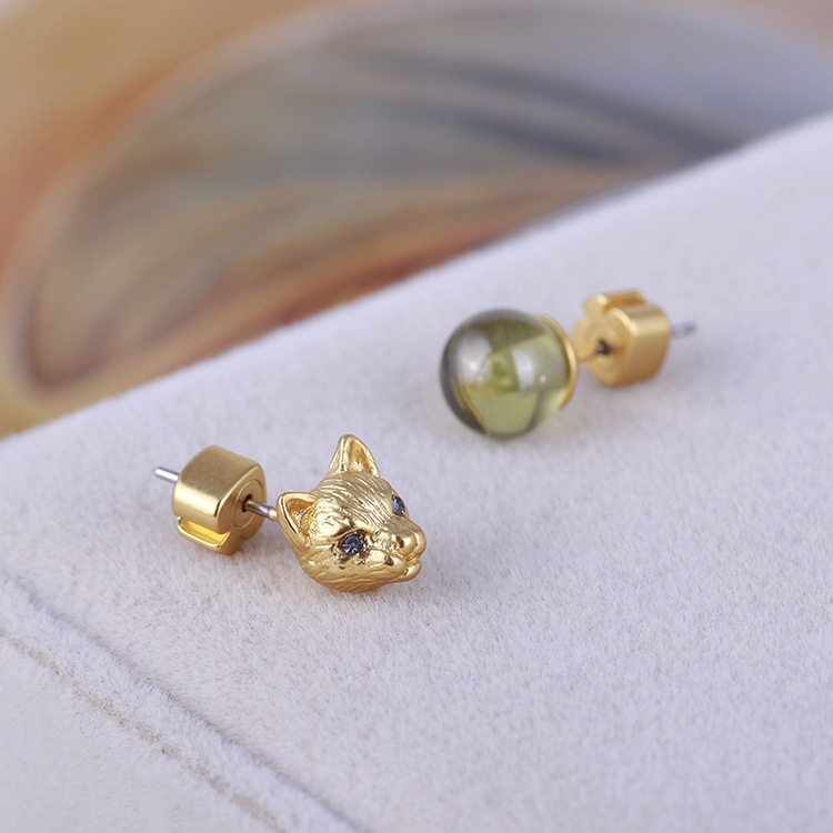 Fashion- cat head desigh and 06.cm asymmetric bead stud earring with nature green stone for women wedding jewelry gift free shippin