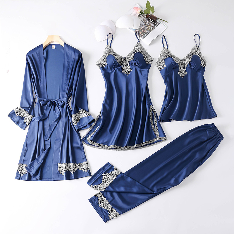 Sexy pajamas women Xia Bingsi four-piece suit spring and autumn with chest pad sling nightdress nightgown thin section ladies, Blue
Sexy pajamas women Xia Bingsi four-piece suit spring and autumn with chest pad sling nightdress nightgown thin section ladies, Blue