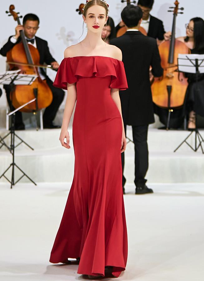 Elegant Dark Red Evening Dress Soft Satin New Slim Mermaid Long Banquet Off Shoulder Lace-up Back Formal Prom Dresses In Stock