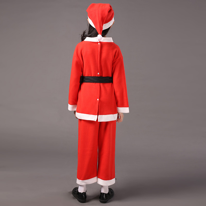 THIN Little Santa Claus Costume Children Christmas Outfit White Fuzzy Trim Girls Bowknot Dress Boys Shirt Pants Hat Set Cosplay 1-13 yrs