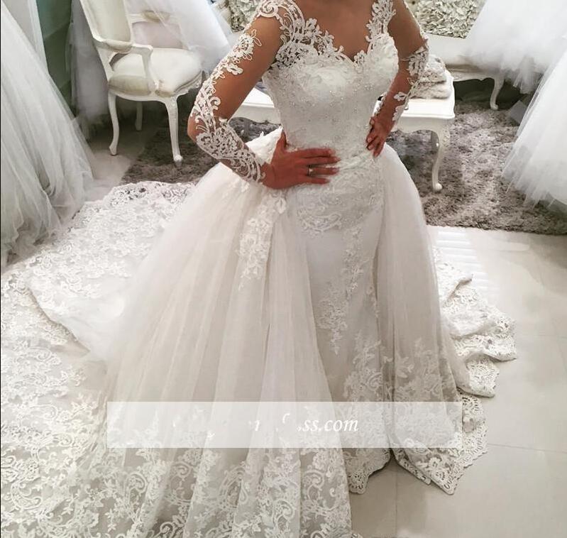 Modest Country Western 2018 Wedding dresses with Detachable Train Lace Long Sleeve Vintage Bridal Gowns Plus Size Vestido de Novia
