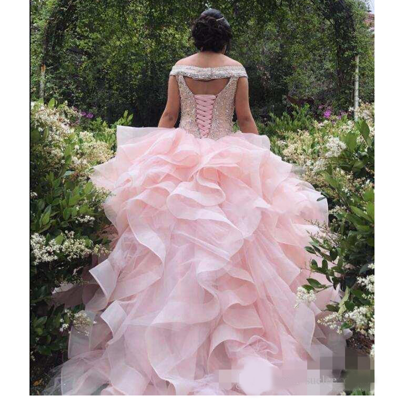 Pink Ruffles Quinceanera Dresses Luxury Beaded Off the Shoulder Custom Made Sweet 16 Birthday Party Pageant Ball Gown Formal Evening Wear