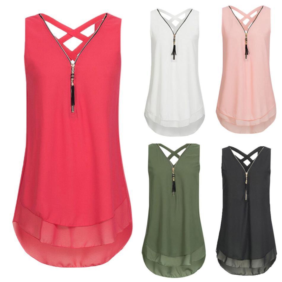 Top Women Vest Shirt Sleeveless Back Hem Layed Zipper Criss Cross Hollow Out Loose Tank Tops Blusas Plus Size C19041601