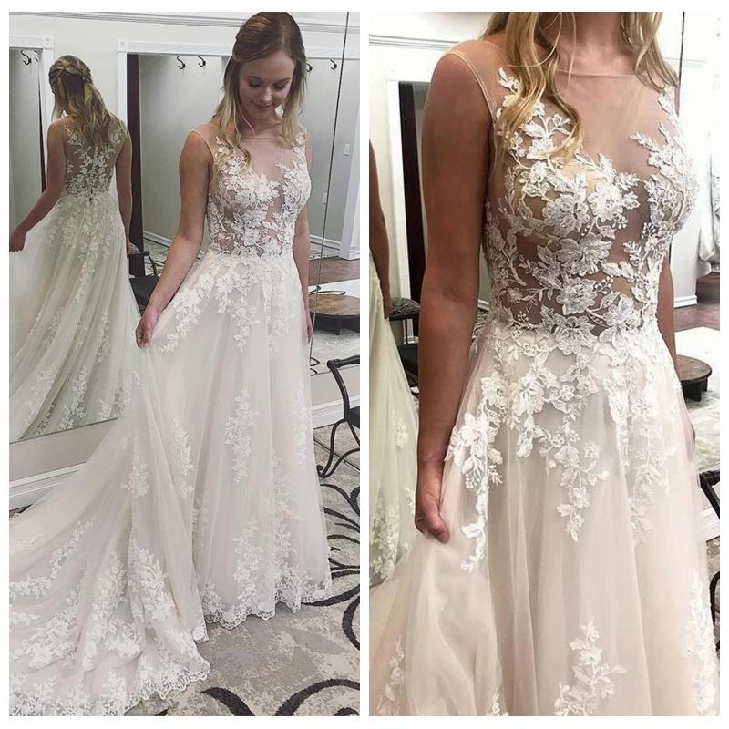 Lace Applique Dresses Sleeveless Sheer Neck Sweep Train Illusion Covered Buttons Beach Wedding Gown Vestido De Novia