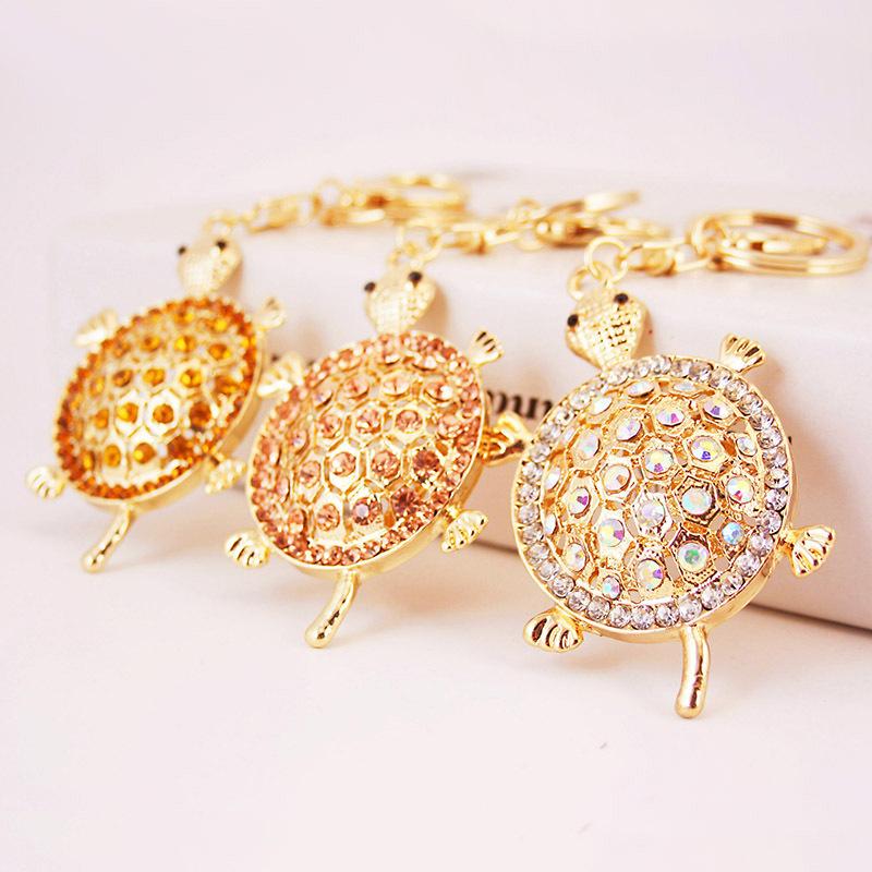 Crystal Turtle Shape Car Keychain New Creative Cute Rhinestone Charm Keyring Ring Kawaii Gold Tone Animal Metal Pendant Key Chain