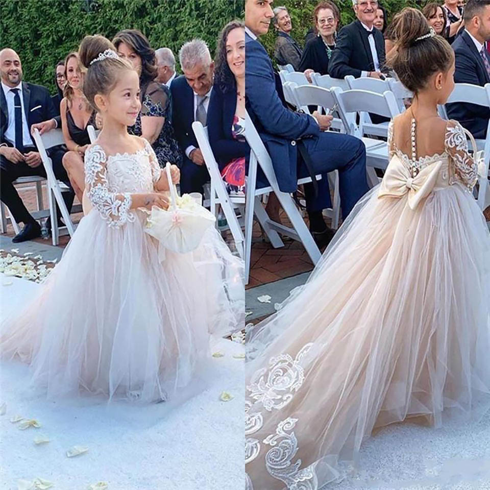 

Flower Girl Dresses Weddings Blush Pink Princess Tutu Sequined Appliqued Lace Bow Kids Princess Kids Party Birthday Gowns, Ivory