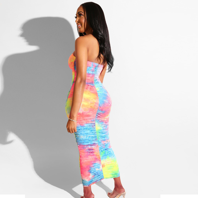 hot sale Colorful Tie Dye Sexy Bodycon Dress Women Fashion Off Shoulder Backless Party Dress Summer Strapless Sleeveless Mini Sundress