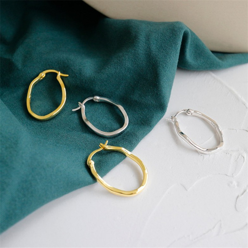 Authentic 925 Sterling Silver Hollow Circle Earrings For Women Girls Geometric Irregular Concave Convex Oval Hoop Earring