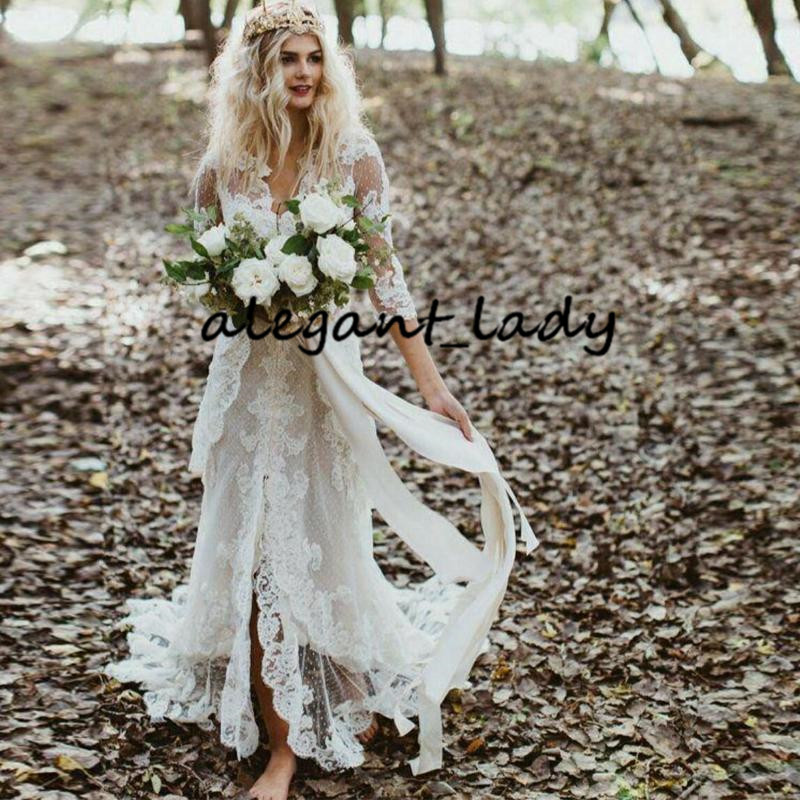 Vintage Bohemian Wedding Dresses with Long Sleeve 2020 Retro Lace Applique Hippie Countryside Bride Gown Split Vestido De Novia