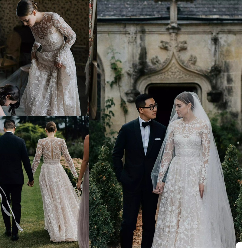 2020 Elegant A Line Wedding Dresses Appliqued Lace Jewel Long Sleeves Illusion Wedding Gown Beach Custom Made Vestidos De Novia