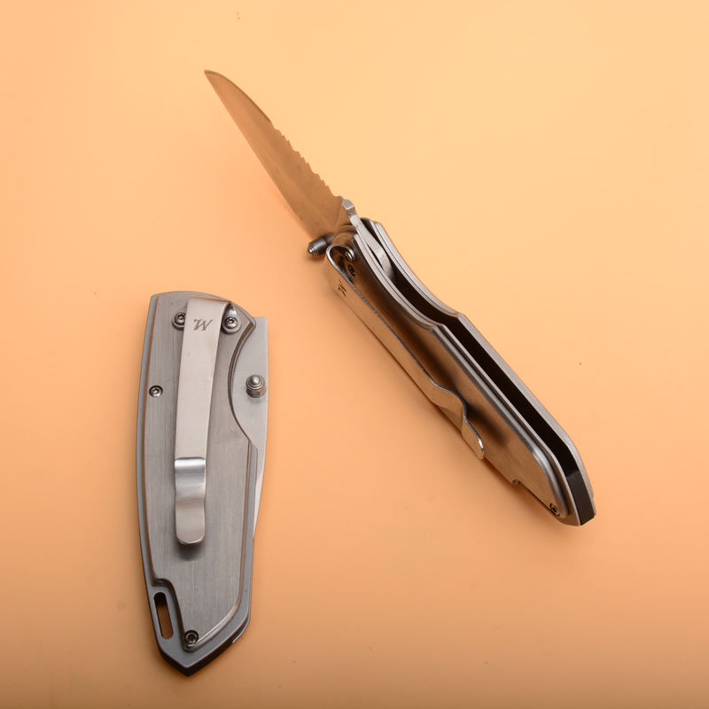 High Quality Survival Folder Knife 440C Half Serrated Satin Blade Wood + Steel Handle EDC Pocket Folding Knives