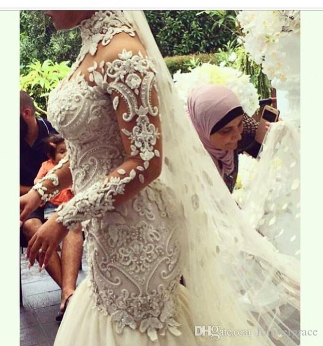 2019 Romantic Flora Dubai Style Wedding Dress Elegant Mermaid Long Sleeves Sheer High Neck Garden Bridal Gown Custom Made Plus Size