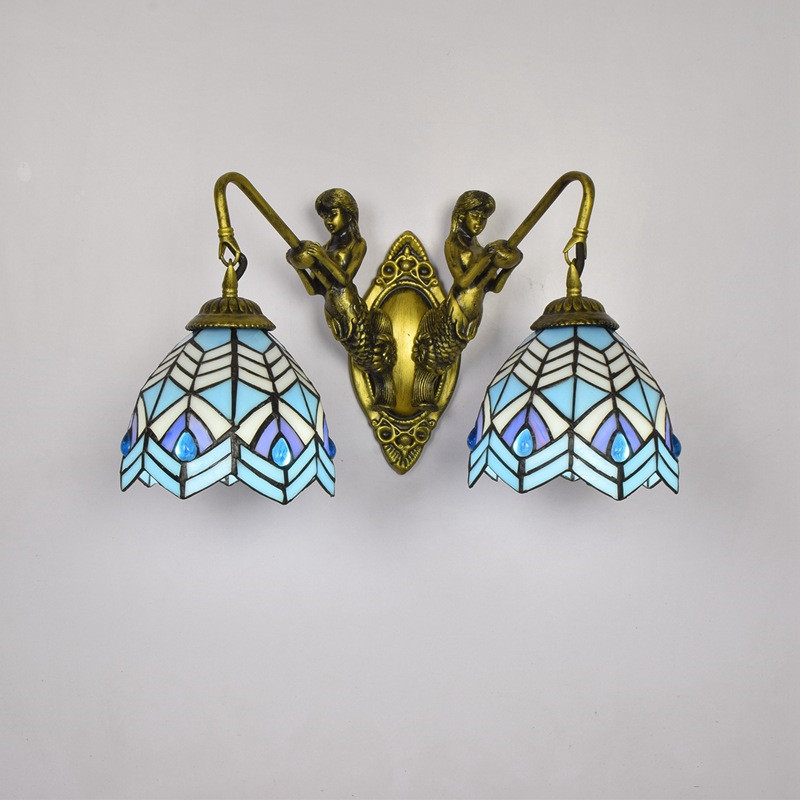 Tiffany style coloured glass wall lamps restaurant bedroom corridor lighting Modern mermaid double headed glass sconce TF056