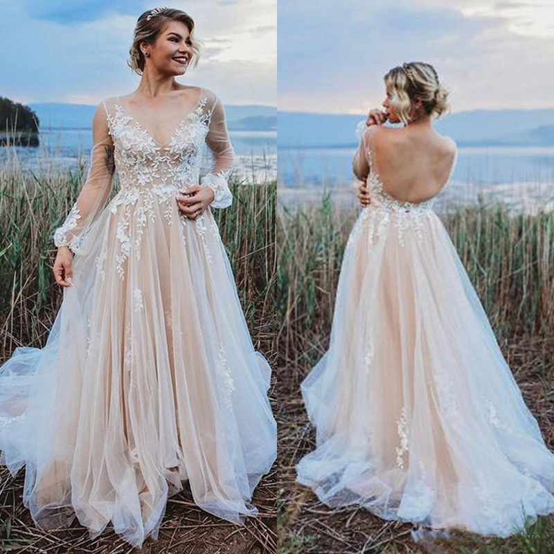 Champagne Bohemian Wedding Dresses A Line Summer Spring Garden Beach Boho Bridal Gowns Long Sleeve Appliques Robe de soriee