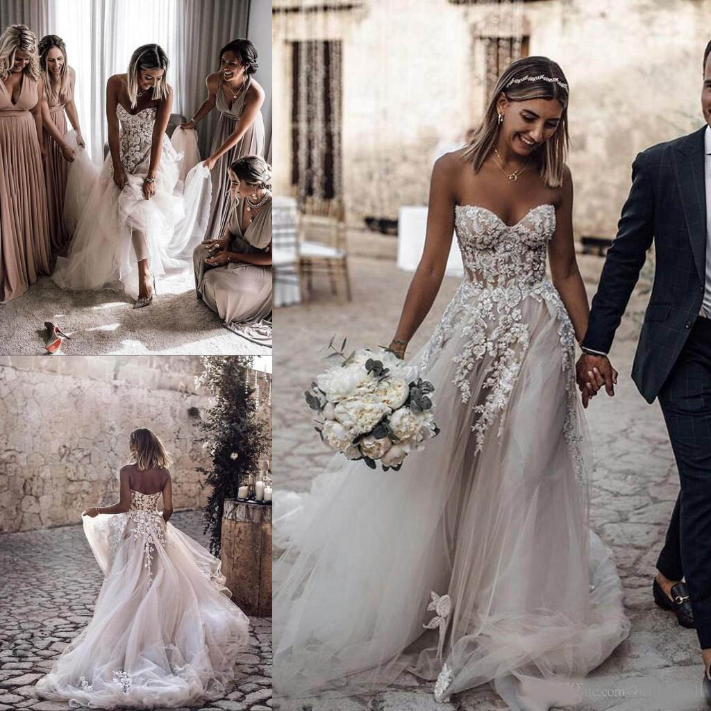 Beaded Floral Appliques A Line Beach Wedding Dresses For Brides Sweetheart Neck Zipper Up Back Bridal Dresses Sweep Train Boho Wedding Gown