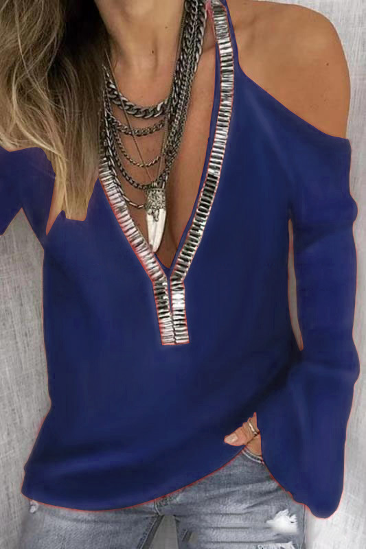 Spot 2021 European Spring and Autumn Fashion Solid Color Turtleneck V-neck sequined long-sleeved T-shirt support mixed batch