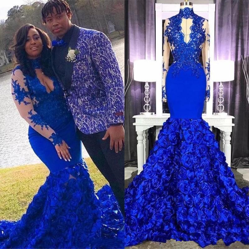 2020 Royal Blue Keyhole Neck High Long Sleeves Mermaid Prom Dresses With 3D Handmade Flowers Formal Party Evening Gowns African