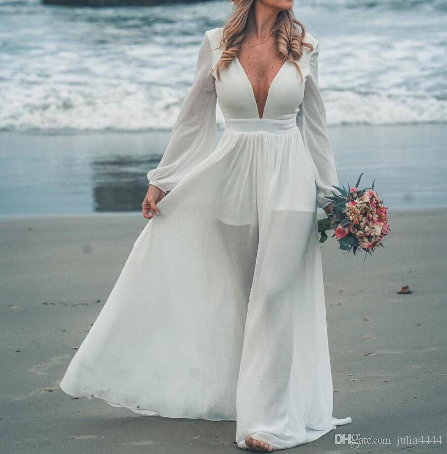 Big Long Sleeve Beach Wedding Dresses V Neck Chiffon Bridal Gowns Floor Length vestido de novia plus size