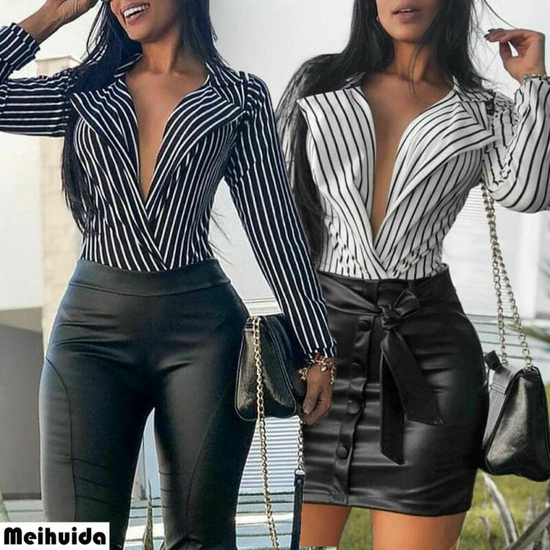Women' Sexy Deep V Neck Long Sleeve Striped Shirt Casual Tops Loose Fashion Blouse Black White Clothes for Women
Women' Sexy Deep V Neck Long Sleeve Striped Shirt Casual Tops Loose Fashion Blouse Black White Clothes for Women