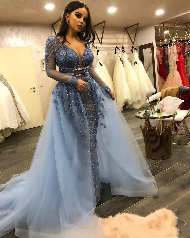 latest mermaid prom dresses sexy deep v neck sheer long sleeve evening gowns sequins illusion beaded women formal overskirt party dress
