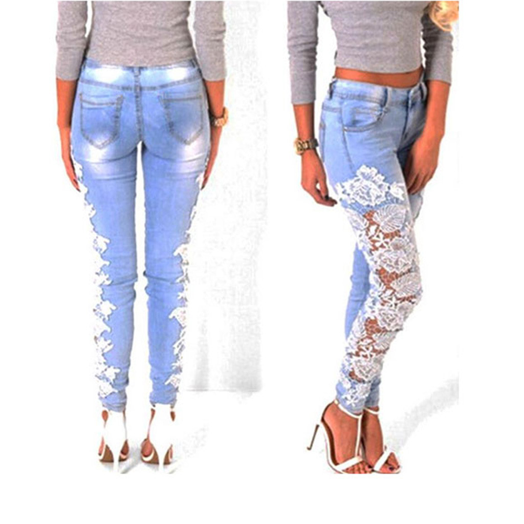 Jeans Woman Ladies Streetwear Sexy Lace Openwork Women Jeans Lace Stitching Sexy 2019 New Shelves Minimalist modis