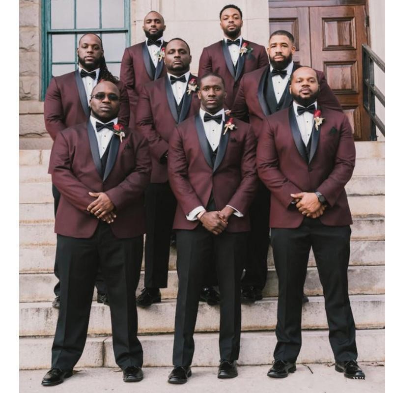 Latest Design One Button Burgundy Wedding Men Suits Shawl Lapel Three Pieces Business Groom Tuxedos (Jacket+Pants+Vest+Tie) W1093