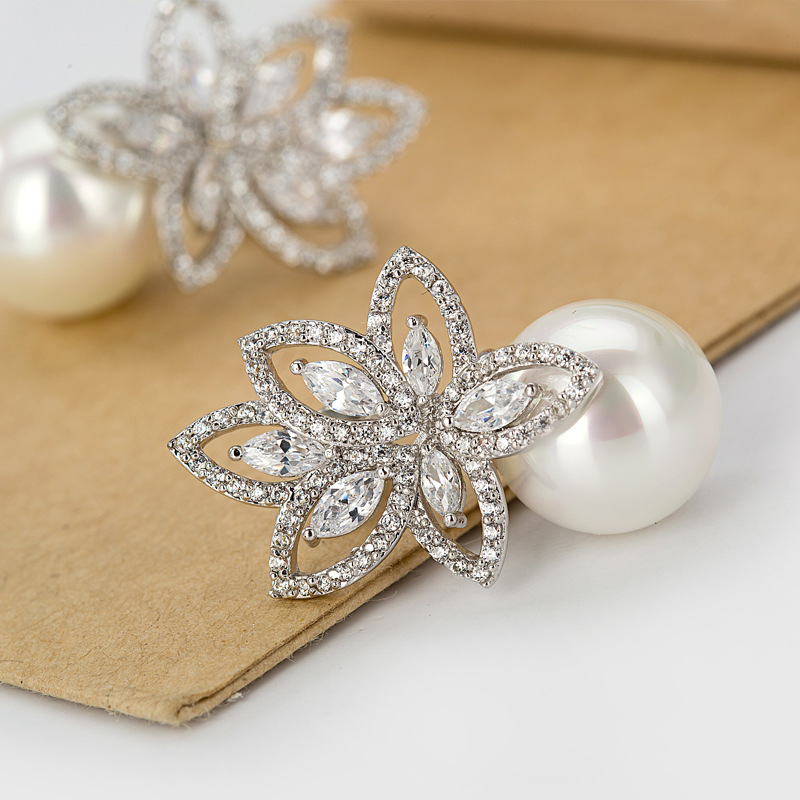 Pearl Flower Drop Earrings Bling White Zircon Fine Jewelry Wedding Dangle Earrings for Women Girl Gift