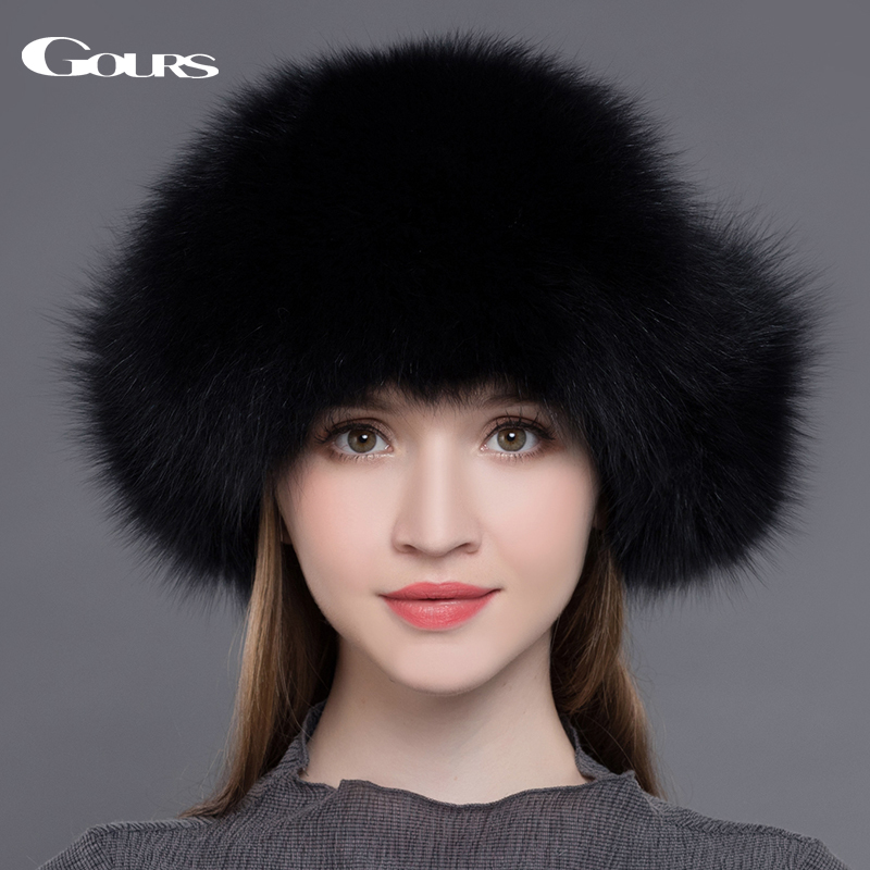 Gours Fur Hat for Women Natural Raccoon Fox Fur Russian Ushanka Hats Winter Thick Warm Ears Fashion Bomber Cap Black New Arrival LY191228