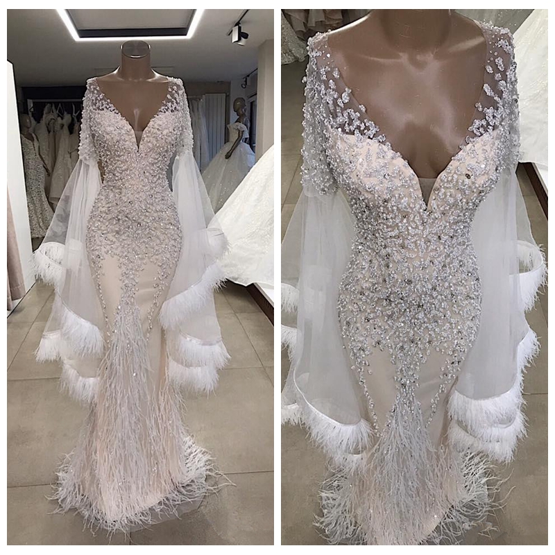 2020 Sheer Long Sleeves Lace Appliques Mermaid Prom Dresses Feather Beaded Slim Women Evening Party Gowns Luxurious Formal Middle East, Dark navy
2020 Sheer Long Sleeves Lace Appliques Mermaid Prom Dresses Feather Beaded Slim Women Evening Party Gowns Luxurious Formal Middle East, Dark navy