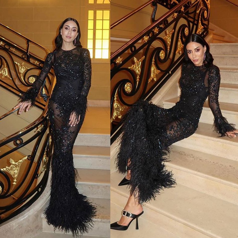 Black Mermaid Prom Dresses Lace Appliques Feather Sequins Luxury Long Sleeves Evening Dress Dubai African Specail Party GownS