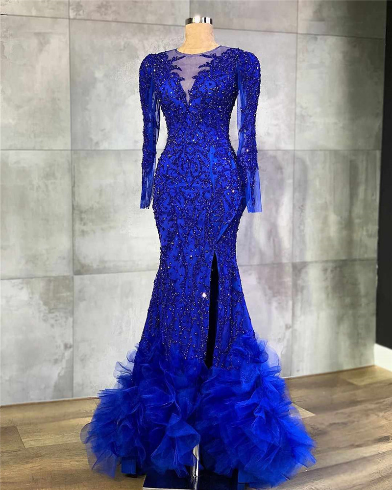 2020 Royal Blue Long Sleeves Mermaid Prom Dress Sexy Lace Appliqued Evening Gown High Side Split Formal Party Dress, Champagne
2020 Royal Blue Long Sleeves Mermaid Prom Dress Sexy Lace Appliqued Evening Gown High Side Split Formal Party Dress, Champagne