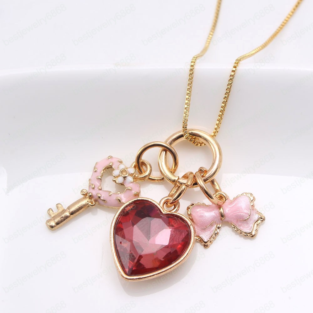 Fashion Design Kids Girls Heart Flower Key Pendants Necklace Baby Child Charming Chain Necklace Jewelry Accessories New