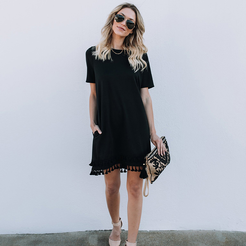 Women Casual Beach Mini Party Dress Fashion Tassel Black Mini Straight Dress Summer Sexy Short Sleeve Loose With Pocket, As pic
Women Casual Beach Mini Party Dress Fashion Tassel Black Mini Straight Dress Summer Sexy Short Sleeve Loose With Pocket, As pic
