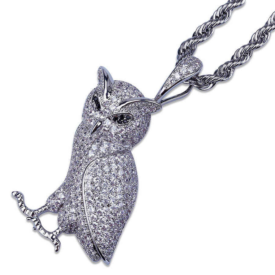 Fashion Men 18k Gold Plated Silver Chain Owl Pendant Necklace Designer Iced Out Rhinestone Hip Hop Rap Rock Jewelry Necklaces For